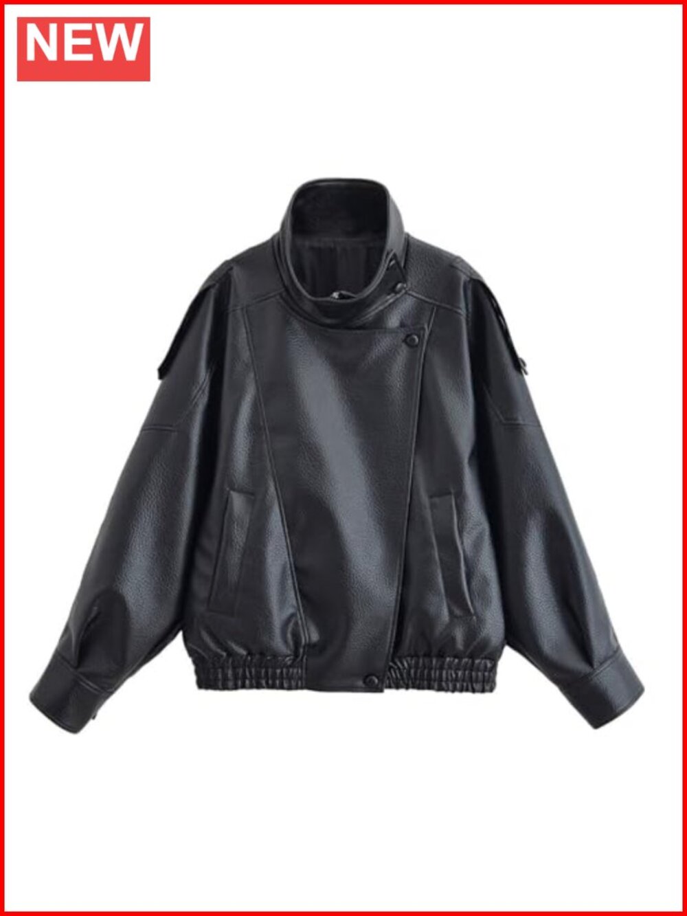 Oversized Faux Leather Moto Jacket Long Sleeve Zip Up
